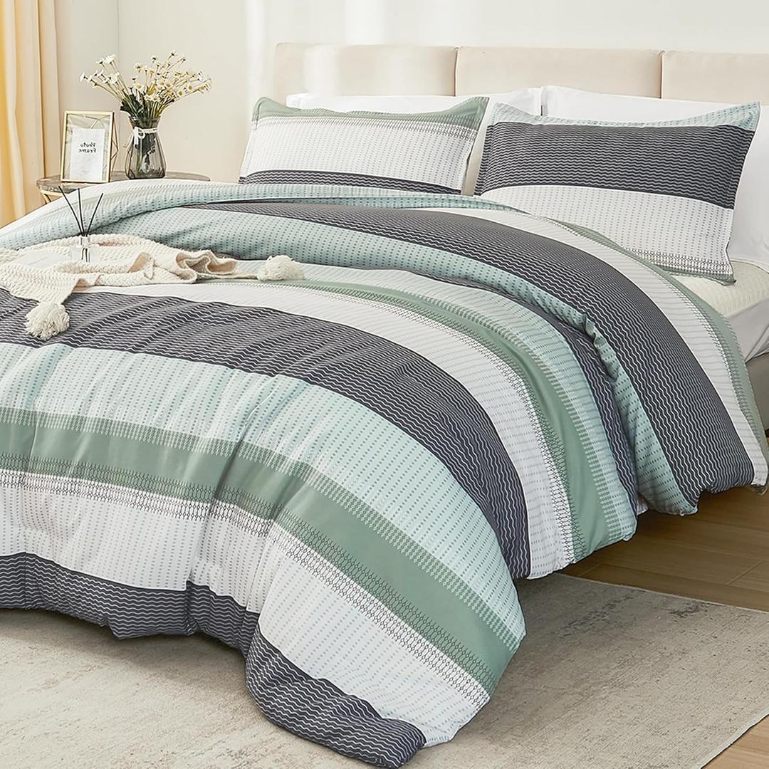 Litanika King Size Comforter Set Sage Green - 3 Pieces Lightweight Quilt Bedding Comforter Sets, Light Green White Colorblock Stripe Fluffy Bed Set, All Season Down Alternative, King, Light Green
