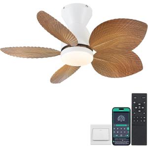 Low Profile Ceiling Fans with Lights and Remote/APP Control, 30 Inch Small Tropical Ceiling Fan with Light Flush Mount, Outdoor Palm Leaf Ceiling Fans for Patios Porch, Quiet, Wood Grain