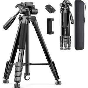 73" Camera Tripod Stand, Aluminum Tripod with Phone Holder, Travel Bag, Compatible with GoPro/DSLR/Cell Phone/Camcorder, Max Load 8.8LB (Black)