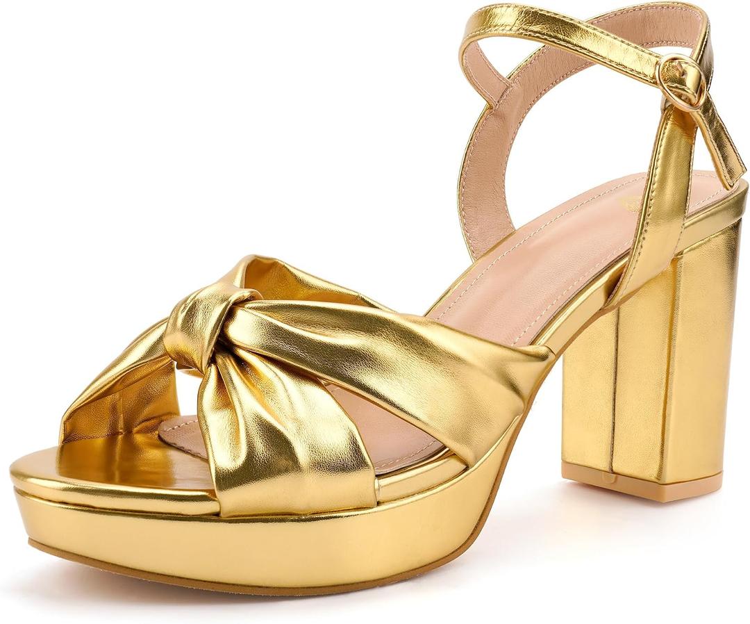 Women's Chunky Platform Heels with Adjustable Ankle Strap - Open Toe Bowknot Block Heel Strappy Sandals, Wedding Party Dressy Shoes Summer Sandals