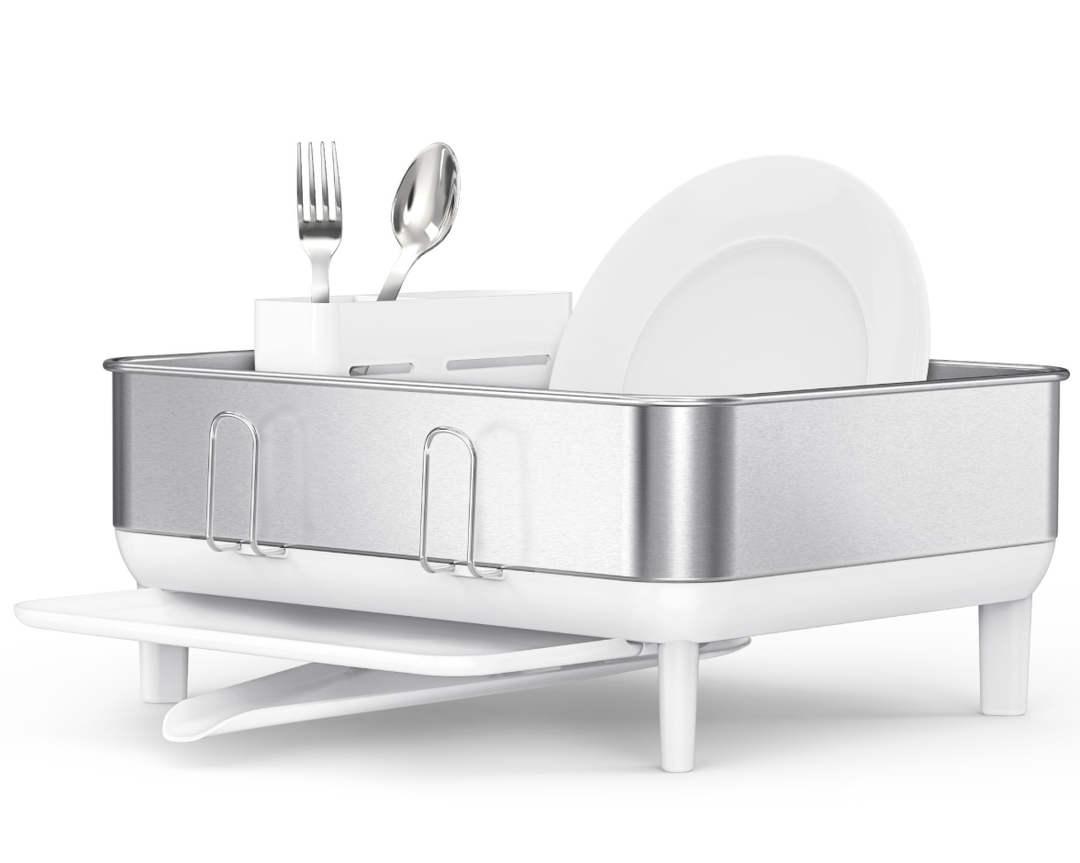 simplehuman Compact Dish Drying Rack with Stainless Steel Frame, 360 Easy Drain Swivel Spout, Utensil Holder, Anti-Residue Coating, Moisture Control Surface, Silver