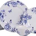 222 Fifth 12-Piece Porcelain Dinnerware Set for 4, White & Blue Plates and Bowls Set, Glossy Ceramic Dish Set with Embossed Toile Pattern, Elegant Kitchen Dishes, Microwave & Dishwasher Safe, Cassian