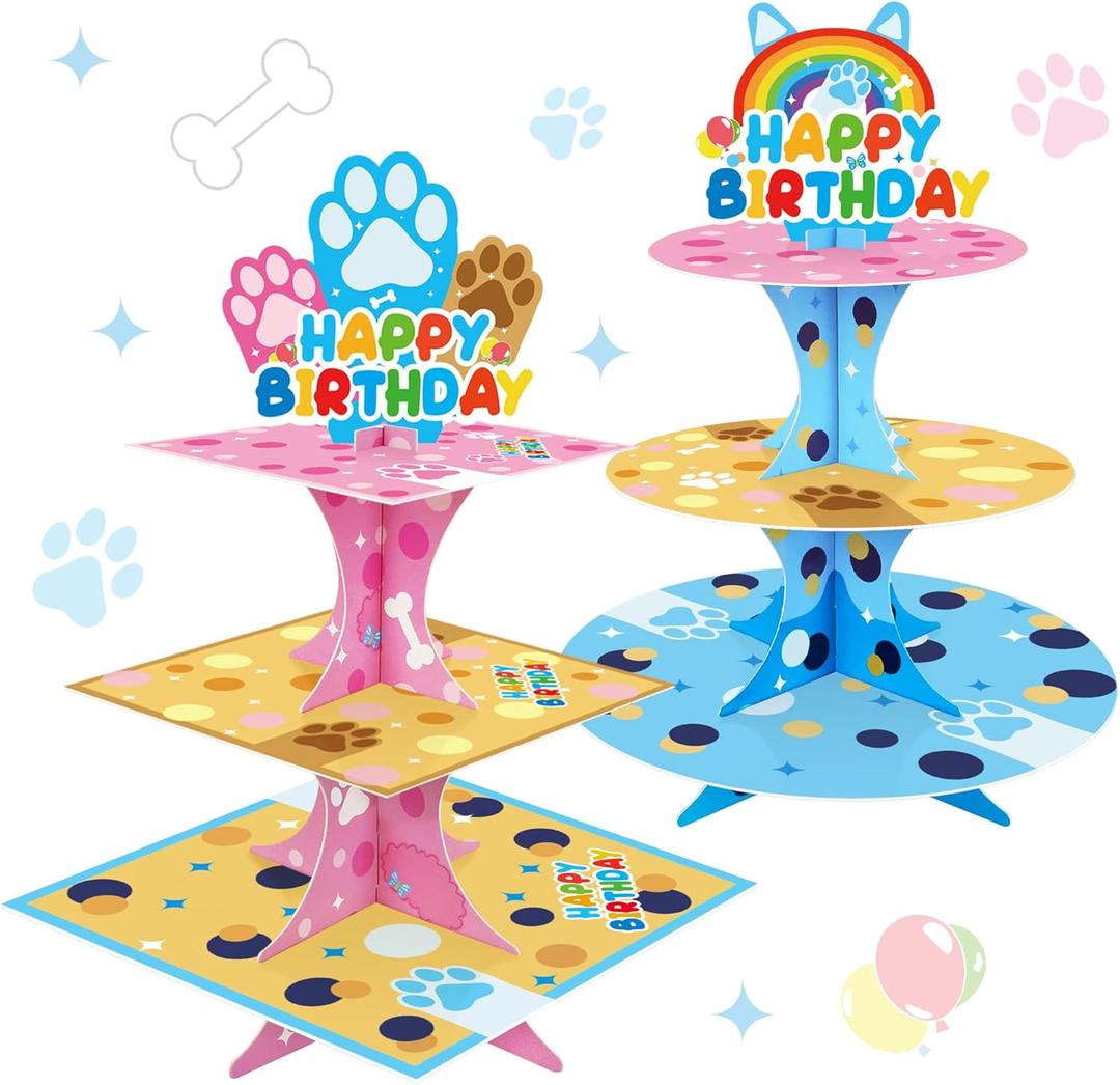 3-Tier Cartoon Blue Dog Cupcake Stand, 2 Sets Cardboard Cake Stands, Dessert Tower Holder, Cartoon-Themed Birthday Decoration, Baby Shower Party Supplies