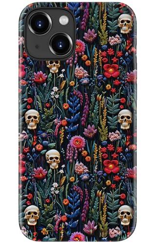 DorisMax for iPhone 13 Case - Wireless Charging Compatible - Dual-Layer Hard Shell + Silicone Cover - Shockproof Protective Phone Case with Stylish Designs for Women - Skulls and Flowers