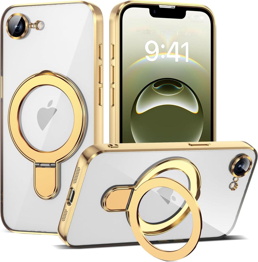 Compatible with iPhone 16E Case with Invisible Magnetic Ring Stand [Compatible with Mag-Safe] [Full Camera Lens Protector] Plating Clear Phone Case for iPhone 16E 6.1", Gold