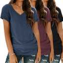 SUNBS 3 Pack Plain V Neck Tshirts for Women Summer Loose Fit Short Sleeve Long Fitted Casual Shirts Basic Tees L