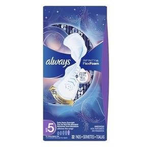 Always Infinity FlexFoam Pads for Women, Size 5, Extra Heavy Overnight Absorbency, Unscented, 22 Count