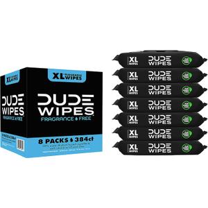 DUDE Wipes - Flushable Wipes - 8 Pack, 384 Count - Fragrance Free Extra-Large - Vitamin-E & Aloe - Septic and Sewer Safe