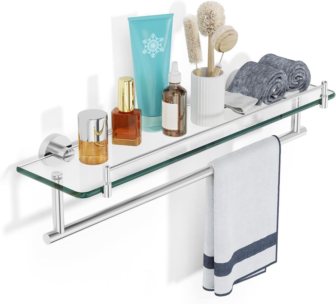 20-Inch Tempered Glass Bathroom Shelf with Towel Bar - Brushed Nickel & Stainless Steel, Wall Mount Rustproof Tower Holder with Shelves, 20-inch with Railing