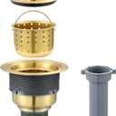 ROVOGO 3-1/2 inch Kitchen Sink Drain Assembly with Removable Deep Strainer Basket, Sealing Stopper Plug and Tailpiece, 304 Stainless Steel Drain with Extended Threads for Thicker Sinks, Gold