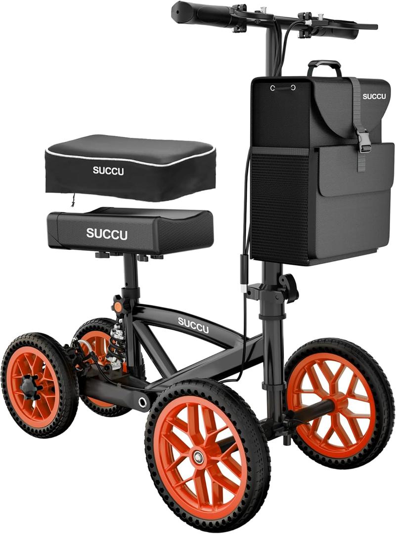 All Terrain Steerable Knee Scooter - 350 lbs Capacity Crutch Alternative for Ankle & Foot Injury Recovery | Deluxe Medical Scooter with Dual Handbrakes, Black (Orange)