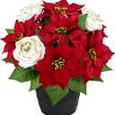 HUAESIN 14inch Artificial Poinsettias 9 Heads Faux Poinsettia Potted Mixed White Roses Poinsettias Artificial Christmas Flowers for Office Home Table Centerpiece Outdoor Garden Xmas Decor