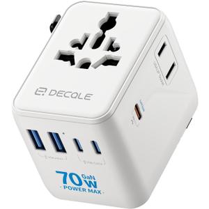 Universal Travel Adapter, International Travel Plug Adapter with 3 USB-C 2 USB-A Ports 70W, All in One Portable Socket, for USA, UK, EU, AU 224+ Countries (White)