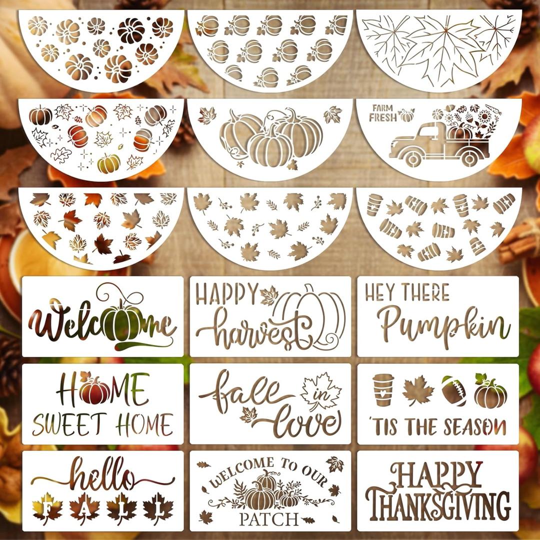 18 PCS Thanksgiving Stencils for Painting on Wood Fall Stecil for Adlts & Kids Autumn Pumpkin Leaves DIY Crafts Kit Templtes for Plain Door Wreath Hanger Door Mats Supplies (Large)