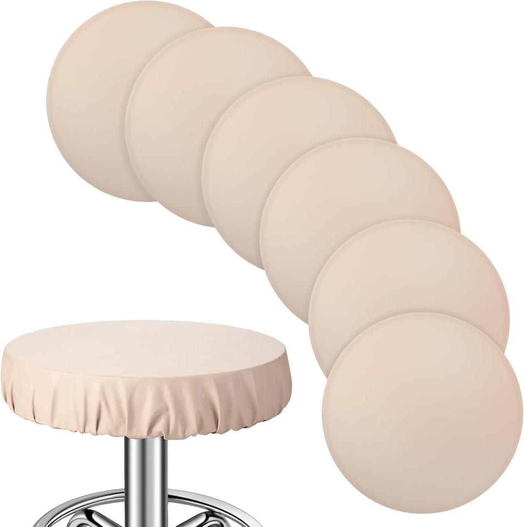 Newwiee 6 Pcs Leather Round Bar Stool Seat Covers, Waterproof PU Stretch Round Barstool Seat Covers Cushion with Elastic Bands for Bar Swivel Chair, 13 to 17 Inches(Beige)
