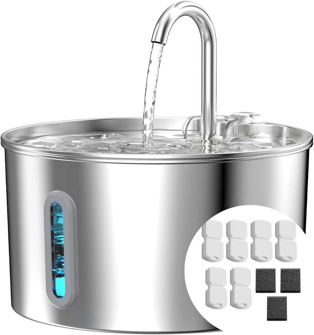 Cat Water Fountain Stainless Steel: 74oz/2.2L Cat Fountain for Drinking - Pet Water Fountain for Cats Inside - Automatic Cat Water Dispenser Bowl - Cat Feeding & Watering Supplies 6 Filters 3 Sponges
