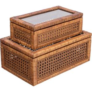 Creative Co-Op Modern Decorative Rectangle Woven Rattan and Wood Display Boxes with Glass Top, Set of 2 Sizes, Dark Brown Finish, Rectangular