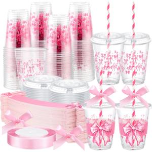 60 Sets Plastic Cups Bulk 12 oz Plastic Disposable Cups with Lids Sleeves and Straws Smoothie Clear Drink Disposable Party Favor Holiday Birthday Wedding Party Supplies (Pink Bow)