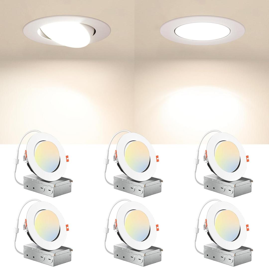 Amico 6 Pack 4 Inch 5CCT Gimbal LED Recessed Lighting, Directional Adjustable Ceiling Downlight, Angled Dimmable Canless Light with Jbox, 2700K-5000K Selectable, 10W=70W 800LM, ETL&FCC