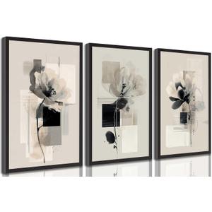 3Pcs Modern Abstract Floral Canvas Wall Art Minimalist Neutral Beige And Black Flower Botanical Painting Picture Wall Decor Poster Print Artwork for Living Room Bedroom Home Decoration Unframed (24L" x 16W")