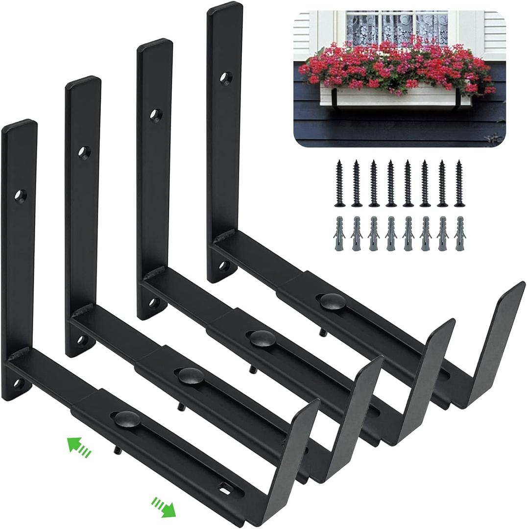 Adjustable Window Box Bracket 4 Pack, Heavy Duty Planter Box Bracket Flower Box Holder Wall Mount Suitable for Planter Boxes 6 inches to 12 inches Deep (Set of 4)