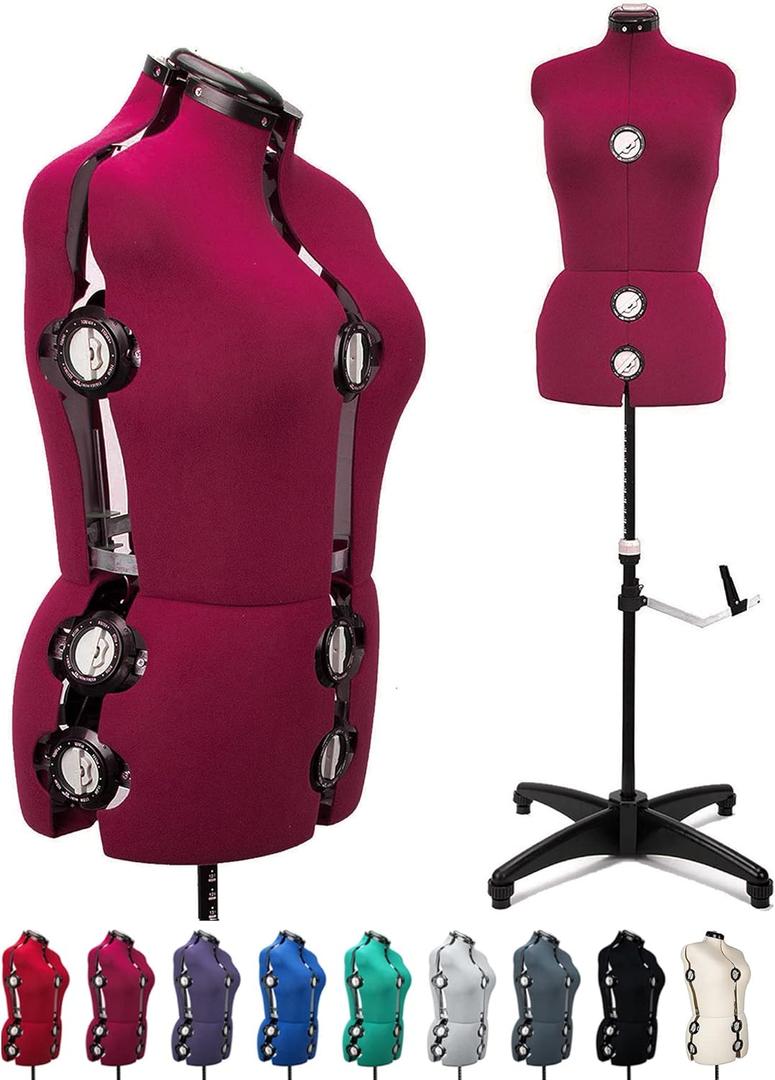BHD BEAUTY Burgundy 13 Dials Female Fabric Adjustable Mannequin Dress Form for Sewing, Mannequin Body Torso with Tri-Pod Stand, Up to 70" Shoulder Height. (Large)