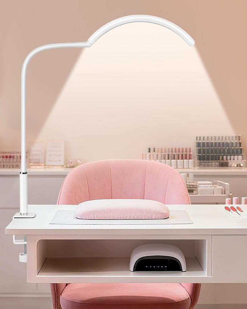 Professional Half Moon LED Desk Light for Nail Techs & Artists  Flexible Gooseneck Lamp with Clamp, 3 Color Modes & 5 Brightness Levels for Manicure, Tattoo, Beauty Work (White) (Matte White - Compact)