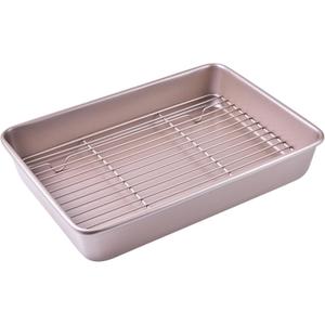 13-Inch Nonstick Roasting Baking Pan with Wire Rack(1Pan & 1Rack), Non-Stick Rectangular Deep Dish Oven-BBQ Bakeware for Oven Baking 13.78" x 9.84" x 2.36" (Champagne Gold)