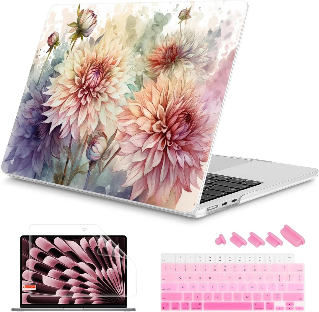 Mektron Designed for 2025/2024/2023 MacBook Air 15 INCH M4 A3241 /M3 A3114 /M2 A2941 Case, Printed Plastic Hard Shell Cover with 15.3" Liquid Retina Display Touch ID, Watercolor Dahlias