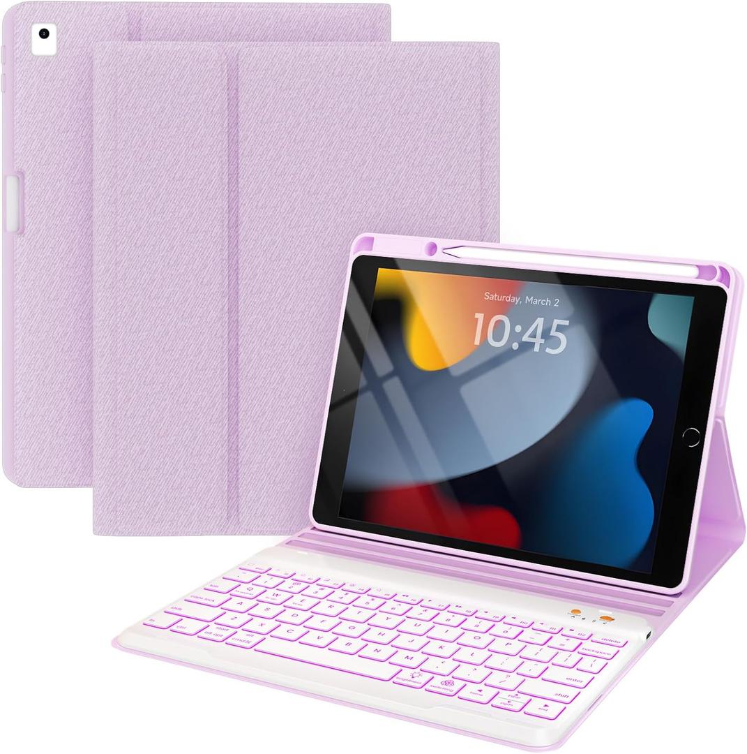 Keyboard Case for iPad 9th/8th/7th Generation 10.2 inch 2021/2020/2019, iPad Pro 10.5-inch Case with Keyboard,iPad Air 3 2019, 7 Color Backlit Removable Bluetooth Wireless(Purple)