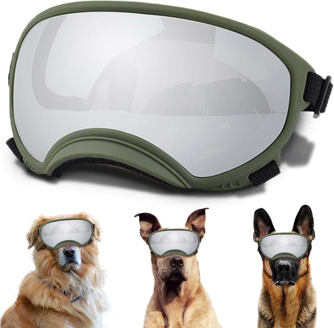 Winproof Large Dog Sunglasses with Adjustable Strap, UV Protection, Soft Goggles for Medium-Large Dogs (Army GreenSilver)