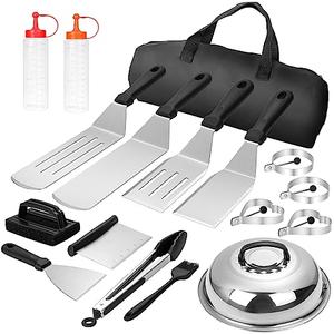 Griddle Accessories Kit, 18pcs Flat Top Grill Accessories Kit for Blackstone and Camp Chef, Stainless Steel Grill BBQ Accessories for Outdoor and Camping with Spatula,Scraper,Basting Cover,Egg Rings