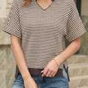 Fisoew Womens Short Sleeve Sweater Summer V Neck Striped Pullover Tops Casual High Low Loose Slit Cropped T Shirts Brown (M)