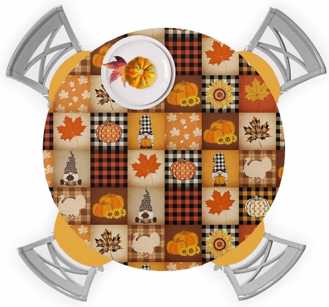 Fall Pumpkin Elastic Round Tablecloth, Turkey Maple Leaf Gnome Plaid Thanksgiving Fitted Tablecloths for Round Table Oil-Proof Waterproof Table Cloth (Fit for 36" - 44" Round Tables)