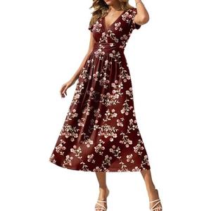 Gracyoga Women's Summer Dresses 2025 Short Sleeve Maxi Dress Casual V Neck Flowy Sundress with Pockets, Size: XL