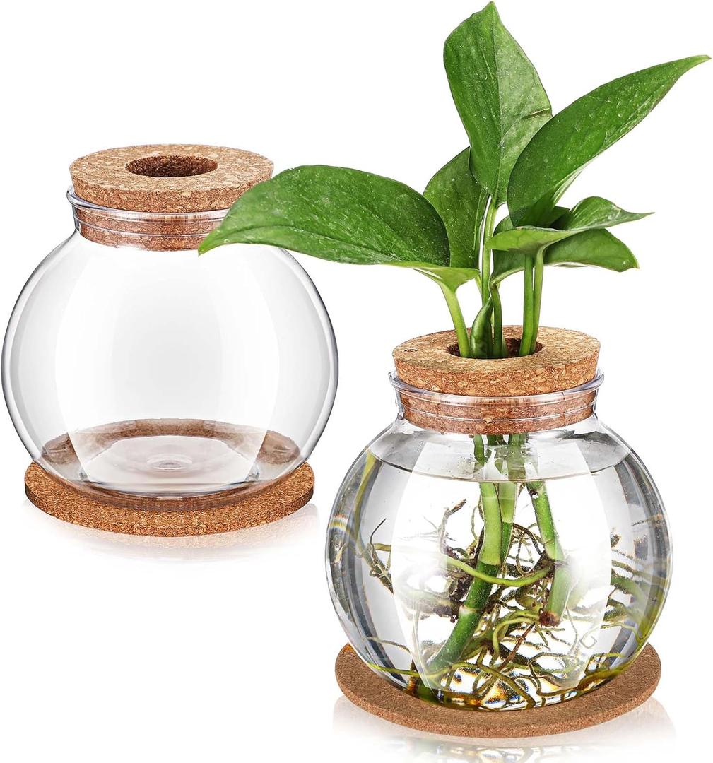 Baderke 2 Packs Propagation Vases for Plants Plastic Plant Propagation Station with Hole Lid and Cork Coasters Plant Growing in Water Hydroponic Home Office Table Decoration(Fish Bowl Style)