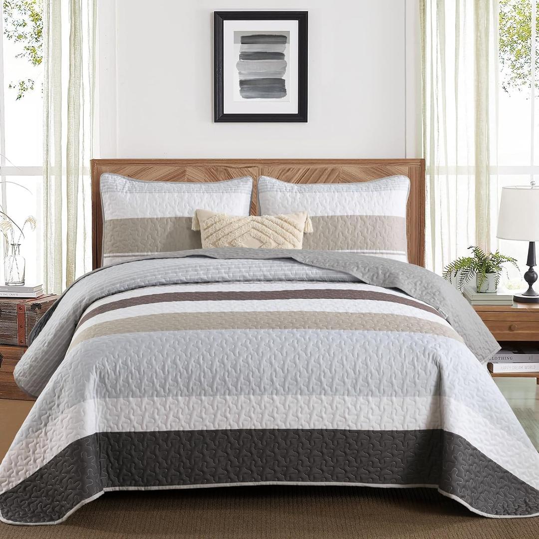 Dinjoy Grey Boho Quilt Set Queen Size,Fall Gray Bedding Sets Striped Patchwork Brown Bedspread Lightweight Micofiber Farmhouse Coverlet Bed with 2 Pillowshams for Men Winter Autumn