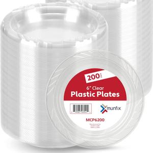Munfix 200 Clear Plastic Plates Set - 6 Inch Disposable Dessert Plates, Bulk Pack for Party BBQ, Picnic, Parties, Travel and Events, Microwavable Recyclable