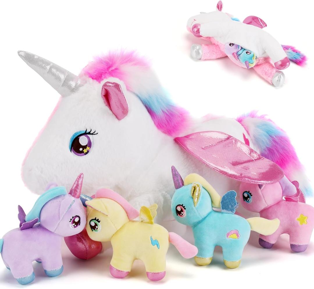 gnomantic 5 Pieces Unicorn Stuffed Animals - 1 Mommy Stuffed Unicorn with 4 Babies - Unicorns Gifts for Girls Ages 3 4 5 6 7 8, Unicorns Plush Toys for Christmas, Valentine's, Birthday Gifts (Pink)