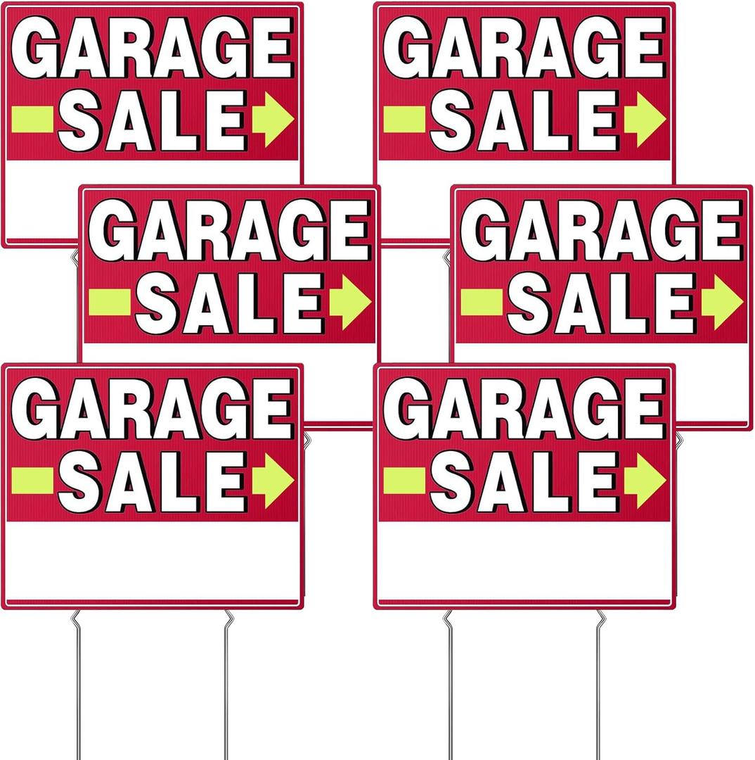 Garage Sale Signs, 17" x 13", 6 Pcs Double Side Garage Sale Sign with Stakes Large Corrugated Yard Signs with Arrow Metal Stakes for Outdoor Estate, Weather-proof