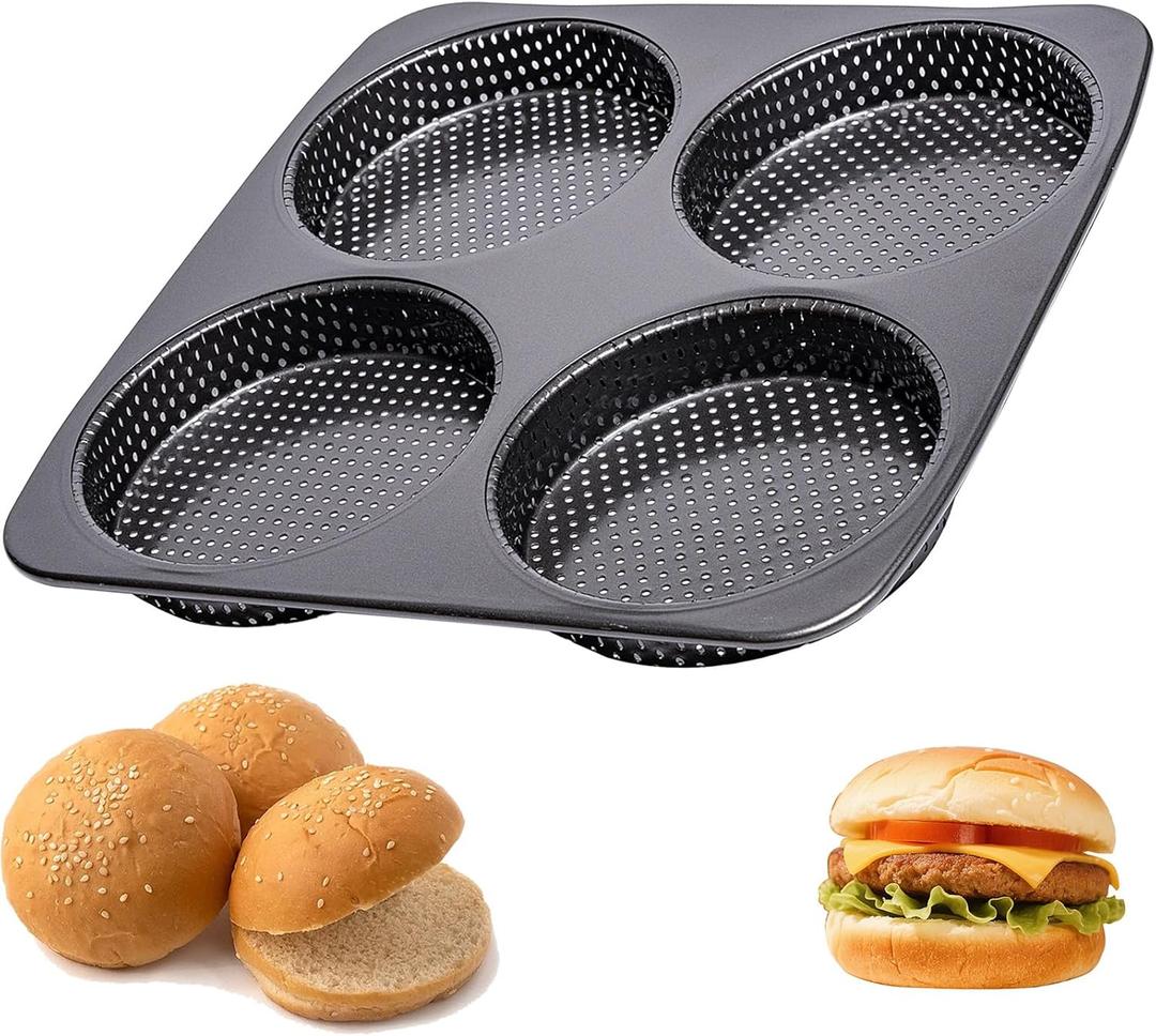 Hamburger Bun Pan, 5 Inch Perforated Non-Stick Carbon Steel Hamburger Mold, Jumbo Round Baking Pan for Homemade Hamburger Buns Meat Pie Bread Mini Pizza