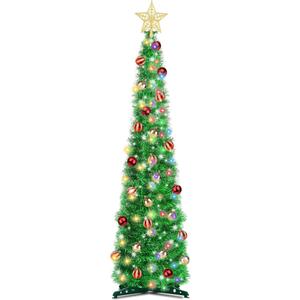 5 Ft Pop Up Christmas Tinsel Tree with Timer Warm White & Multi Color Change Lights Battery Operated Pencil Christmas Slim Tree with 25 Ball Ornaments & Star Xmas Home Indoor Holiday Decor (Green)