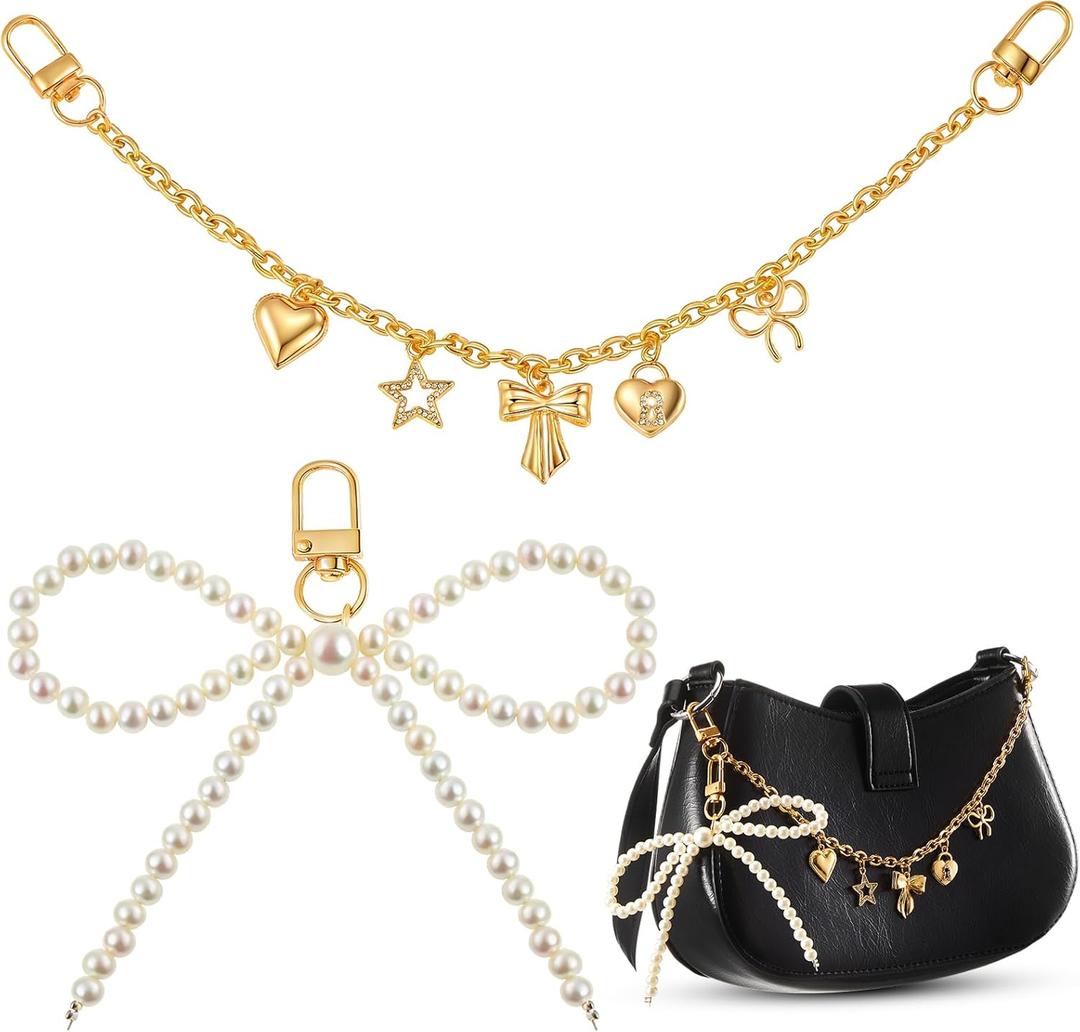 Tondiamo 2 Pcs Bow Bag Charm Pearl Keychain Gold Bow Heart Pendant Purse Bag Chain Bowknot Extender Replacement Purse Charms Accessories for Women Handbag