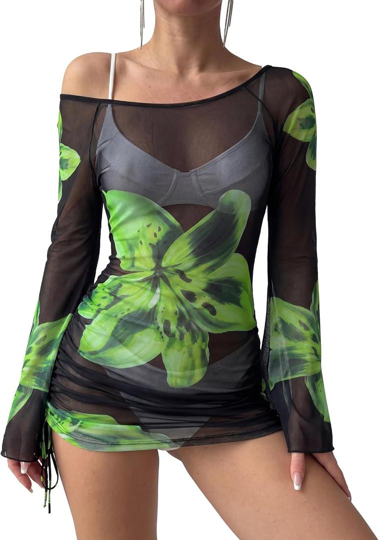 ZAFUL Womens Swimsuit Cover Up Dress Off Shoulder Hollow Coverup Bathing Suit Mesh Swim Beach Dress (Medium, green)