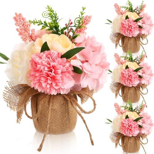 Novabright 4 Packs Artificial Flowers Centerpieces for Tables Decoration Faux Floral Pink Hydrangea in Small Burlap Vases Centerpiece Bouquets for Spring Easter Table Wedding Home Office Party