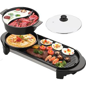 Hot Pot with Grill, Electric Hot Pot 2 in 1 Shabu Shabu Hot Pot Korean BBQ Grill, Removable Hotpot Pot 1200W / Large Capacity Baking Tray, Separate Temperature Control, Electric Grill for 2-12 People (28"D x 9.4"W x 5"H)