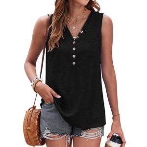 WNEEDU Summer Tank Tops for Women V Neck Tunic Tops Sleeveless Loose Fit T-Shirt with Pocket(Black,S)