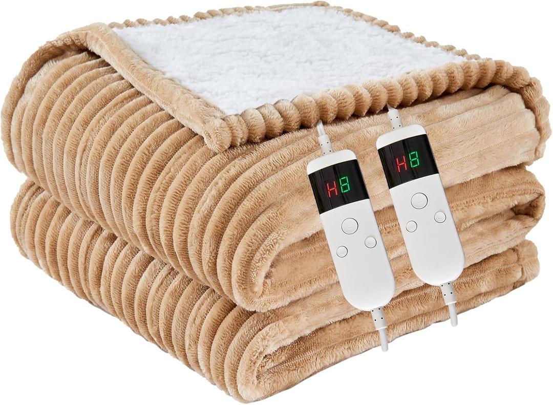 Heated Blanket Electric King, Soft Flannel Heating Blanket with 8 Hours Auto Off 10 Fast Heating Levels Machine Washable Sherpa Heated Blanket with Overheating Protection Khaki, King (90" x 100"))