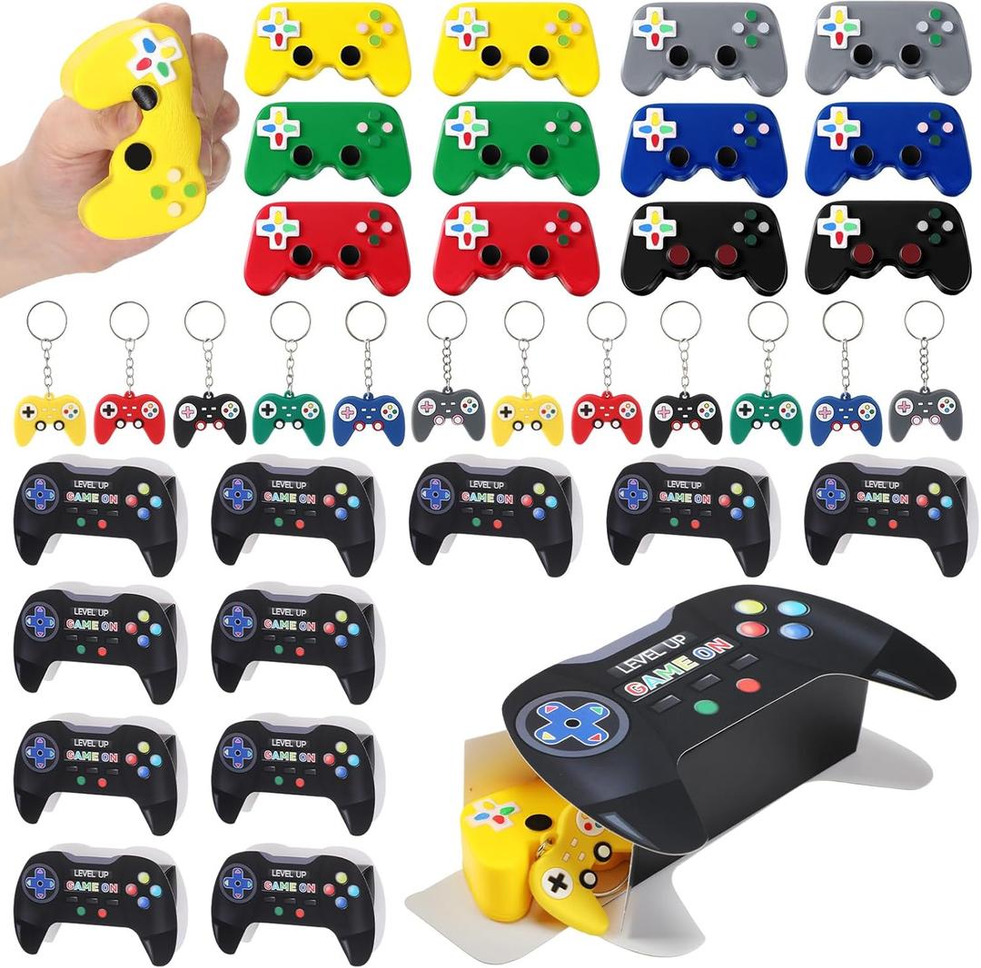 Soulchen 38 Pcs/12 Set Video Game Party Favors, Controller Shaped Stress Toys, Gamer Fidget Keychains with Gift Boxes, Ideal for Birthday Party Sensory Fidget Toys