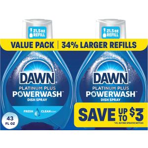 Dawn Powerwash Fresh Dish Spray, Liquid Dish Soap, Dish Soap Refill, Dish Detergent Liquid, 2 Refills, 2x21.5 Fl Oz